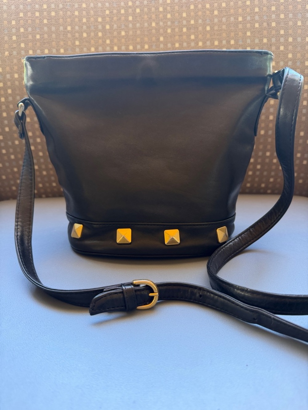 Bloomingdale’s Black Leather Crossbody Bag with Gold Stud Accents
